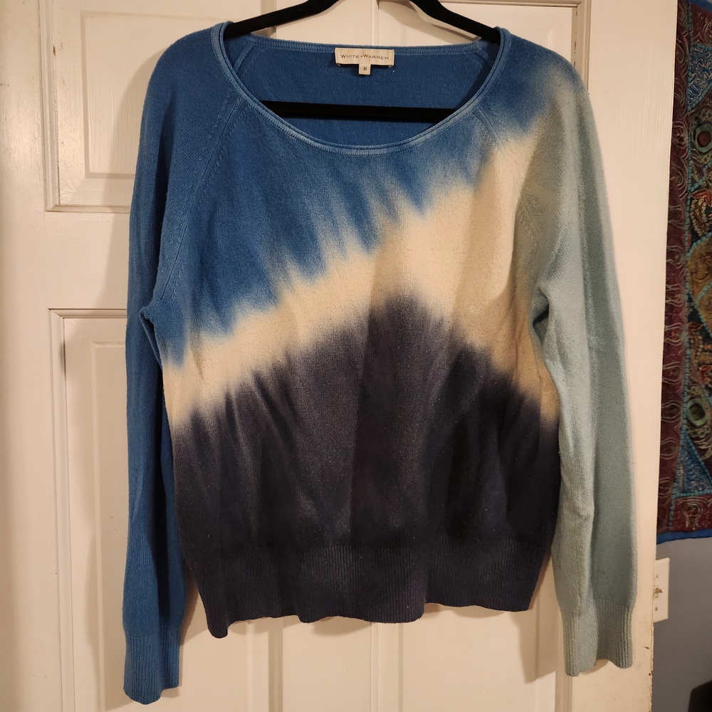 White + Warren Blue and Cream Ombre Cashmere Sweater